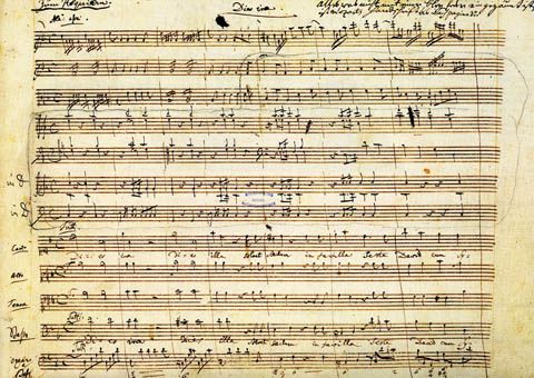 Spartito autografo del "Dies irae", dal "Requiem K. 626" di Wolfgang Amadeus Mozart