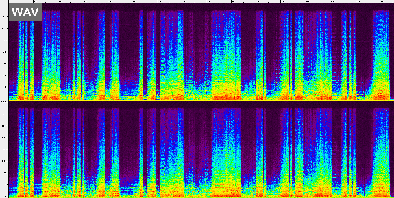 Comparazione tra spettrogramma WAV (originale) e AAC prodotto con neroaacenc -q 0.740001