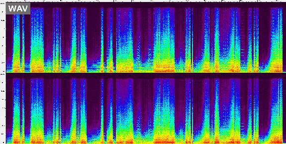 Comparazione tra spettrogramma WAV, AAC neroaacenc -q 0.740002 e MP3 lame --preset 320